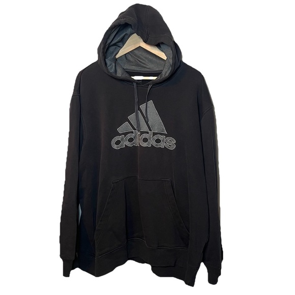 Adidas Hoodie Men’s 2XL BLACK Sweatshirt Gray Spell Out Logo Pullover Light Soft - Picture 1 of 7